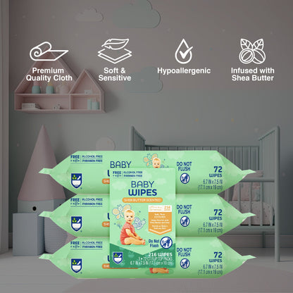 Baby Wipes – Aloe Vera & Shea Butter Infused | 99% Water-Based | Resealable Pack for Sensitive Skin