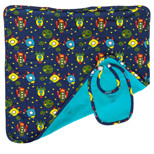 AnnLoren Baby Toddler Boy Space Ship Blanket & Bib Gift Set 2 pc Knit Cotton AnnLoren