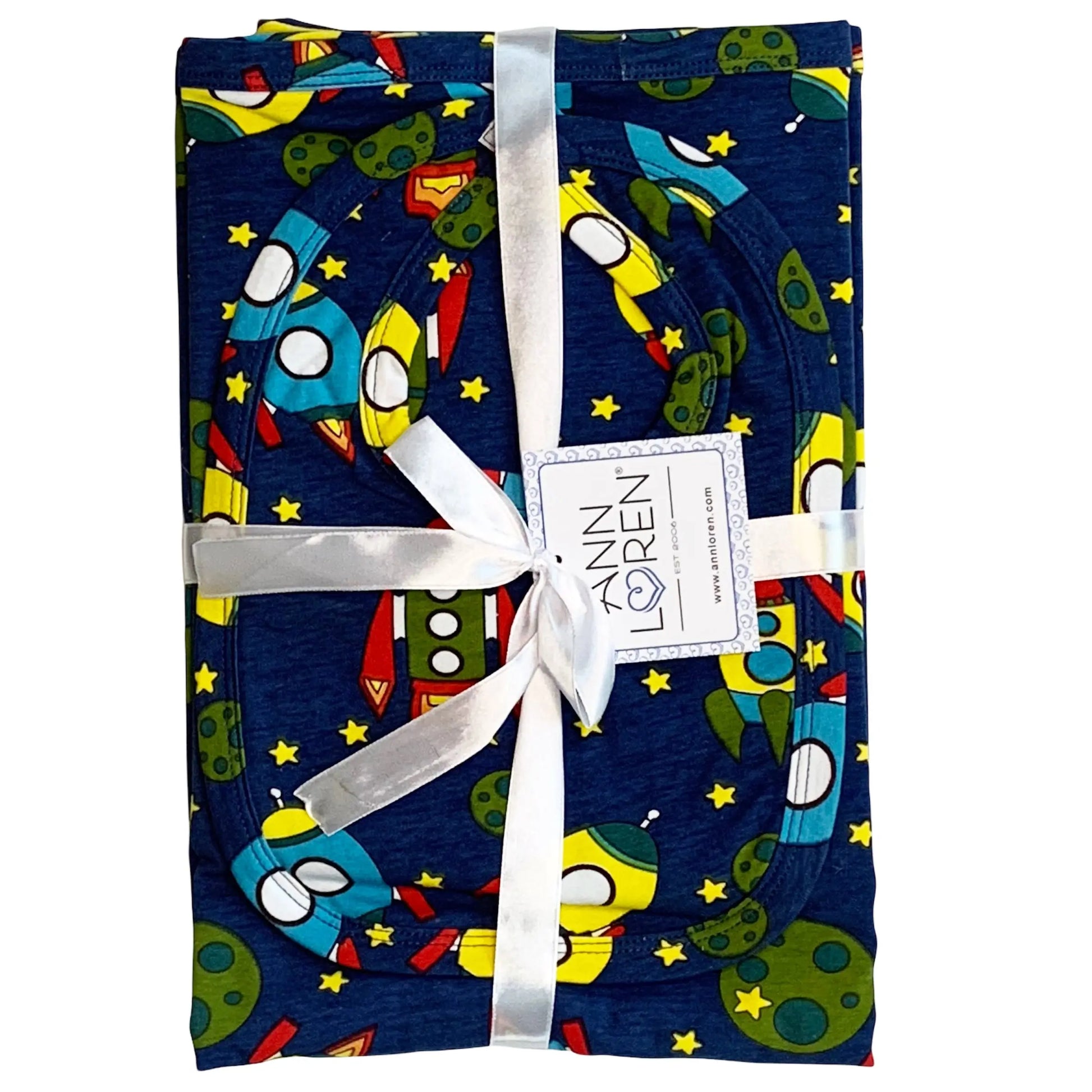 AnnLoren Baby Toddler Boy Space Ship Blanket & Bib Gift Set 2 pc Knit Cotton AnnLoren