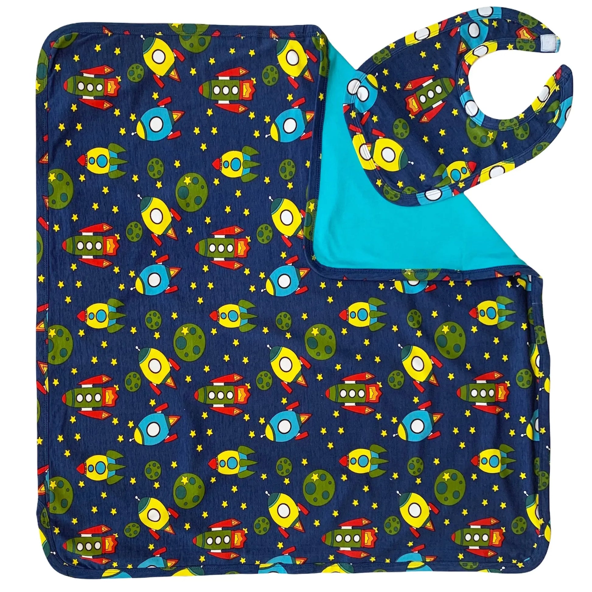 AnnLoren Baby Toddler Boy Space Ship Blanket & Bib Gift Set 2 pc Knit Cotton AnnLoren