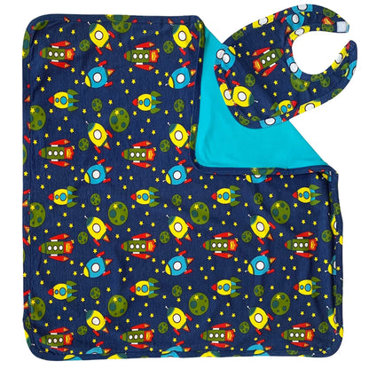 AnnLoren Baby Toddler Boy Space Ship Blanket & Bib Gift Set 2 pc Knit Cotton AnnLoren