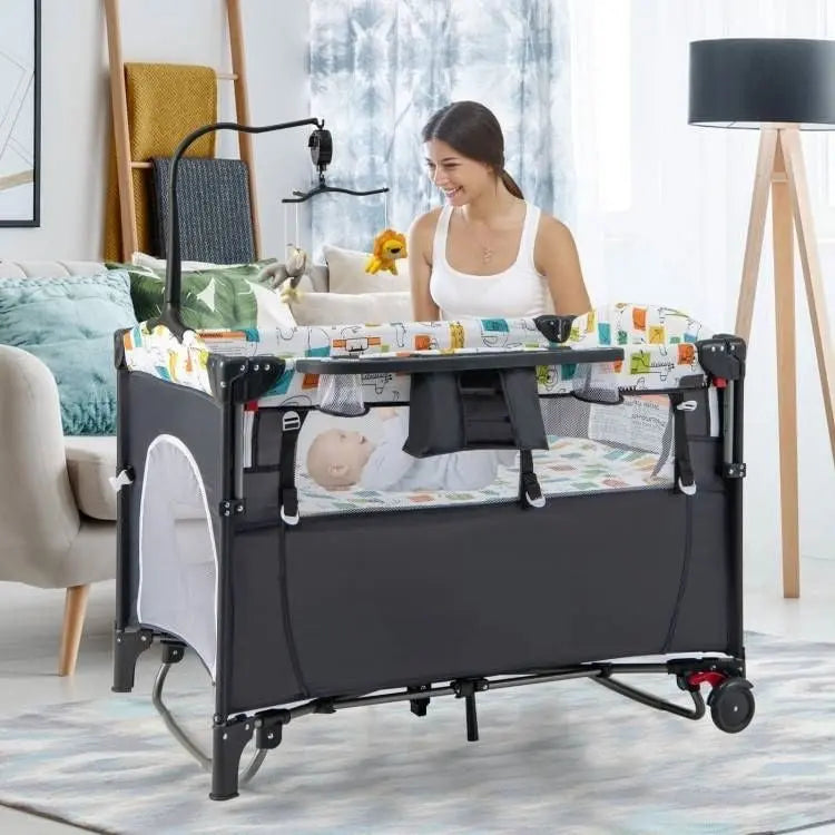 Grey Foldable Baby/Toddler Playpen Bassinet Bed Crib Music Box My Store
