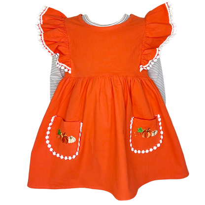 Girls Orange Fall Dress Pockets Long Sleeves Thanksgiving Party Dress