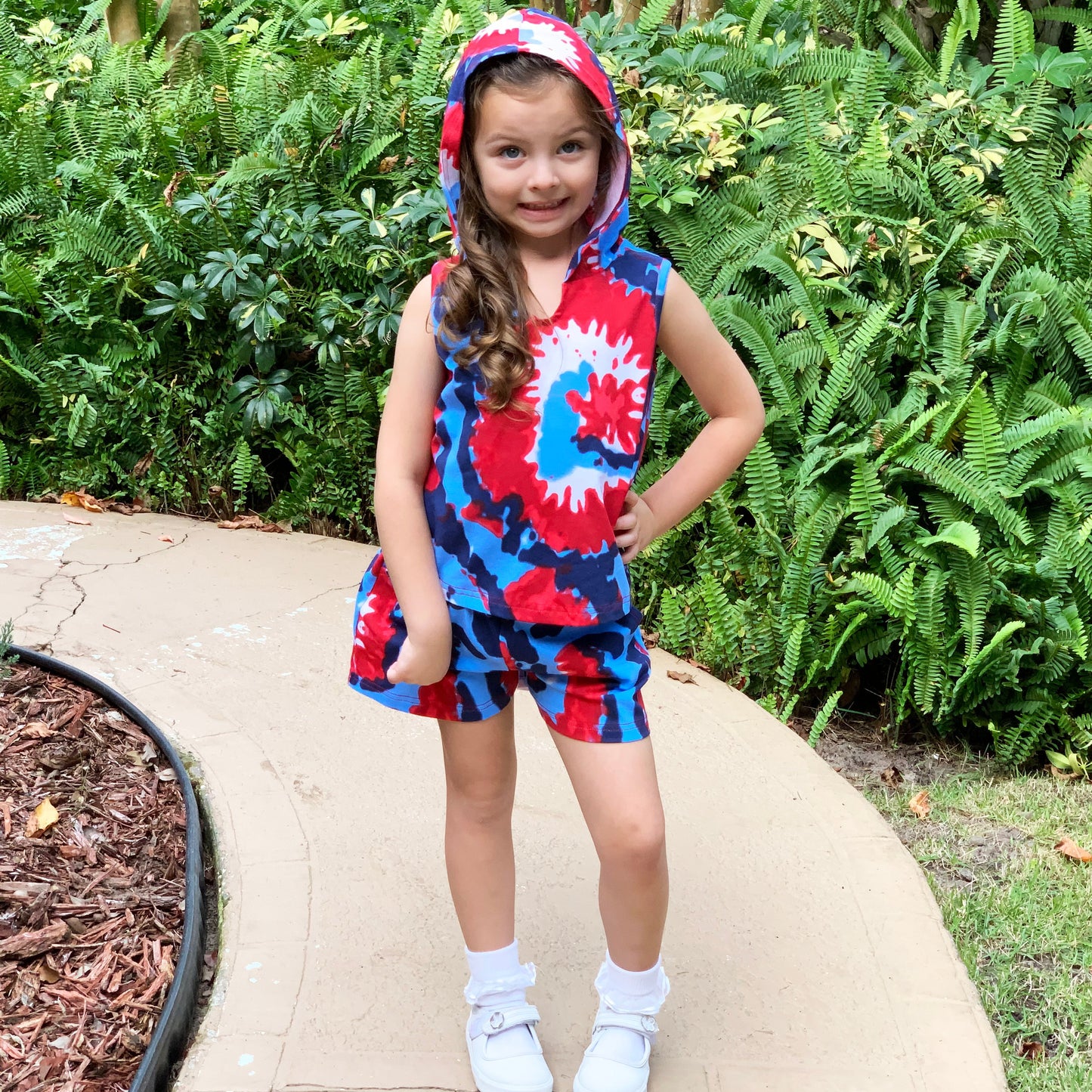 AnnLoren Girls Boys Red White & Blue Tie Dye Hoodie Tank and Shorts Set 4th of July