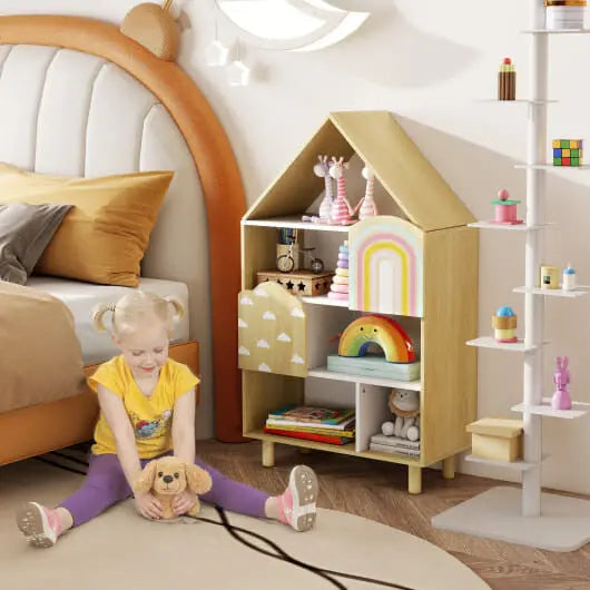 Kids Dollhouse Bookshelf House-shaped Bookcase Children Toy Storage Organizer-Natural My Store