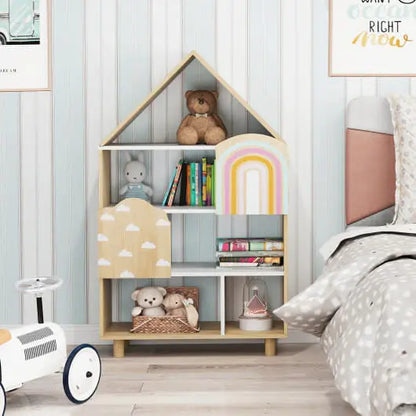 Kids Dollhouse Bookshelf House-shaped Bookcase Children Toy Storage Organizer-Natural My Store