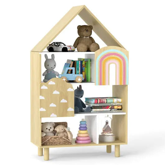 Kids Dollhouse Bookshelf House-shaped Bookcase Children Toy Storage Organizer-Natural My Store