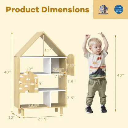 Kids Dollhouse Bookshelf House-shaped Bookcase Children Toy Storage Organizer-Natural My Store