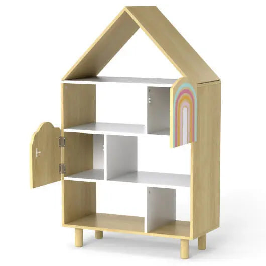 Kids Dollhouse Bookshelf House-shaped Bookcase Children Toy Storage Organizer-Natural My Store
