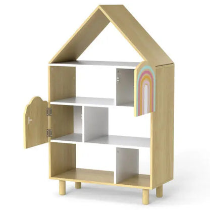 Kids Dollhouse Bookshelf House-shaped Bookcase Children Toy Storage Organizer-Natural My Store