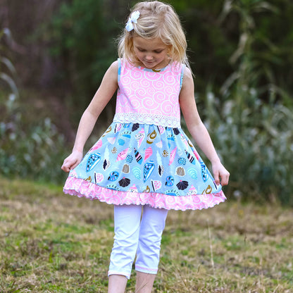 AnnLoren Girls Seashells & Swirls Dress & White Capri Leggings Boutique Set