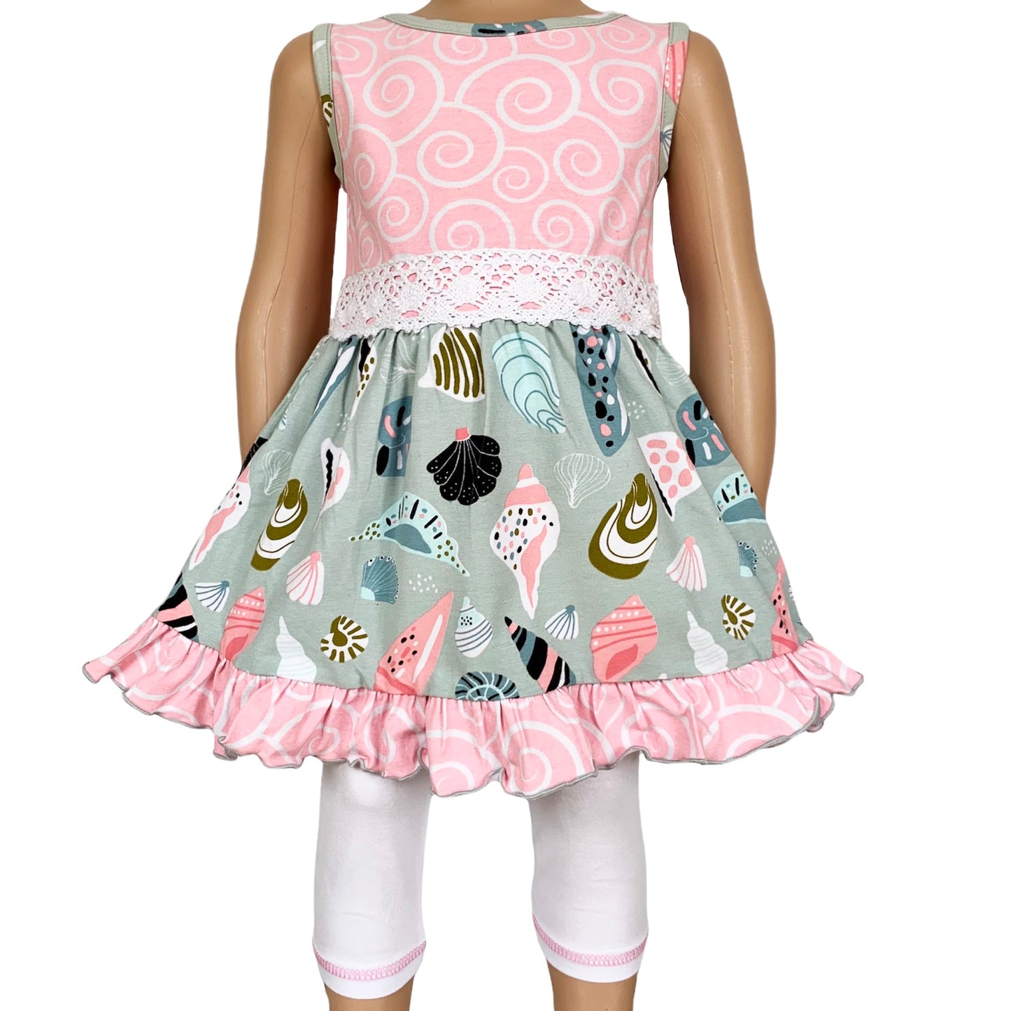 AnnLoren Girls Seashells & Swirls Dress & White Capri Leggings Boutique Set