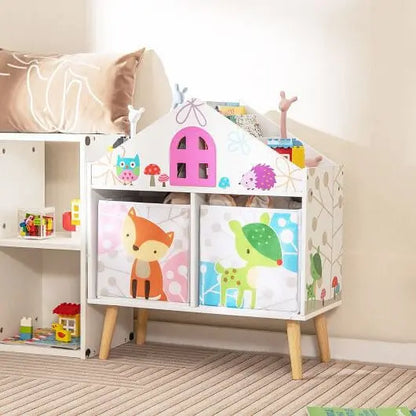 Kids House-shaped Bookshelf with 2 Storage Bins for Kids Room Playroom-White My Store