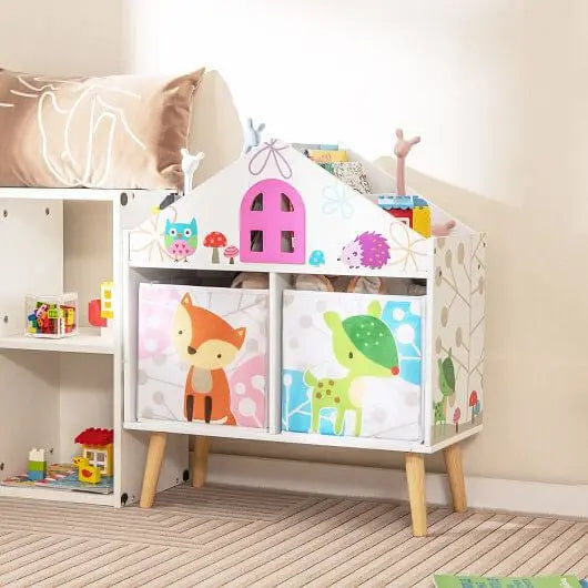 Kids House-shaped Bookshelf with 2 Storage Bins for Kids Room Playroom-White My Store