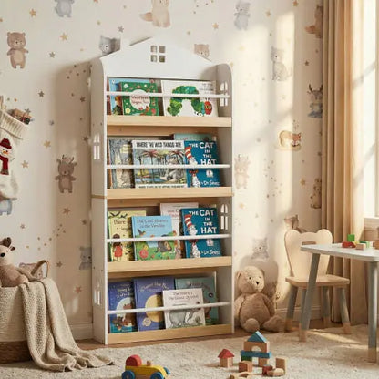 House-Shaped Kids Bookshelf with Anti-falling Baffles-White My Store