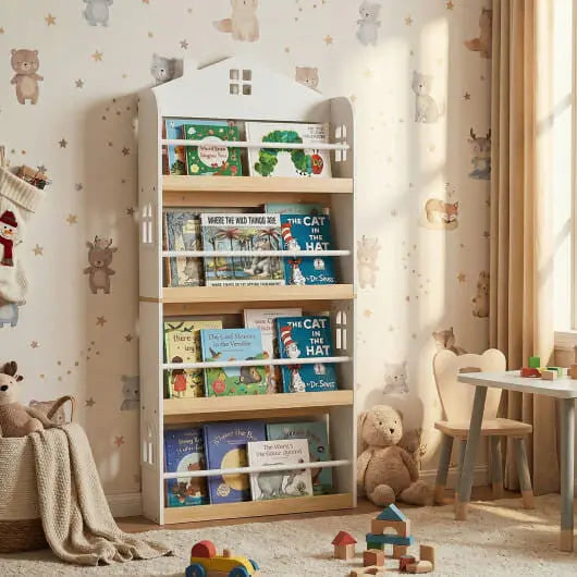 House-Shaped Kids Bookshelf with Anti-falling Baffles-White My Store