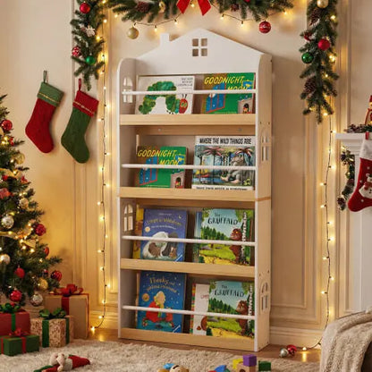 House-Shaped Kids Bookshelf with Anti-falling Baffles-White My Store