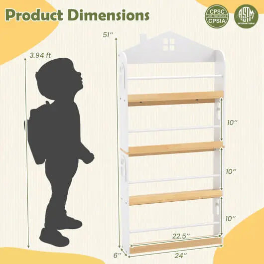 House-Shaped Kids Bookshelf with Anti-falling Baffles-White My Store