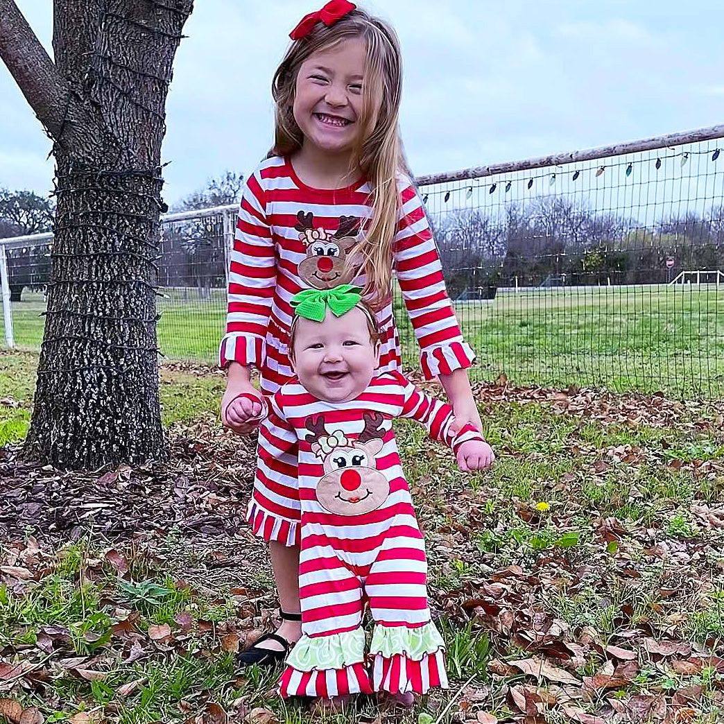AnnLoren Baby Toddler Girls Boutique Christmas Reindeer Red Striped Romper