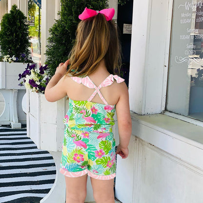 AnnLoren Little & Big Girls Pink Flamingo Palm Tree Kids Shorts Jumpsuit